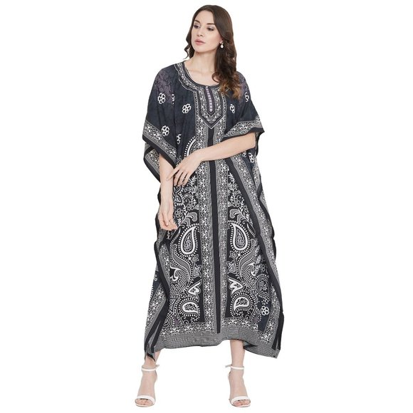 Women Plus Size Fit and Flare Paisley Printed Black Kaftan Dress by Gypsie Blu - Picture 8 of 9